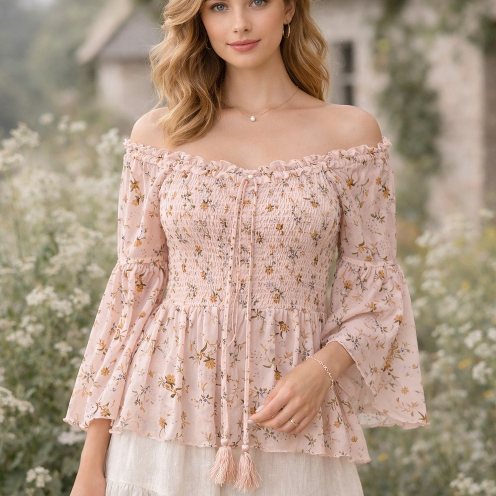 American Rag Boho Cottagecore  Blouse Floral Smocked NEW Romantic Blush SZ L
